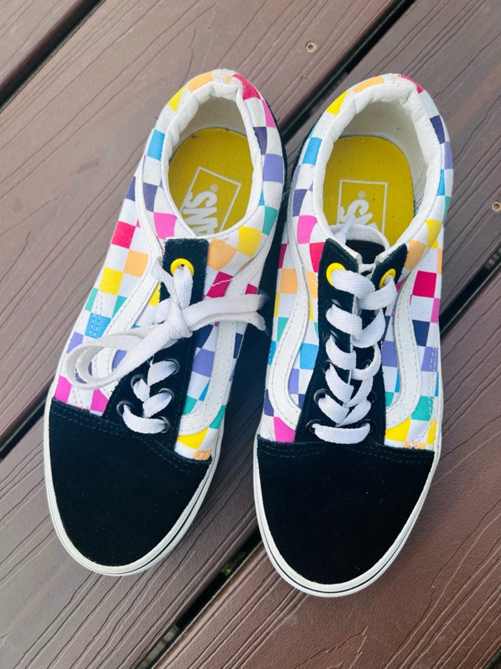 Vans Low-Top Checkerboard Sneakers in Black with Rainbow Check - Picture 2 of 5